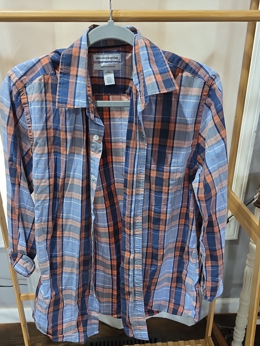 Amazon Essentials Men’s Blue and Orange Plaid Button-Down Shirt